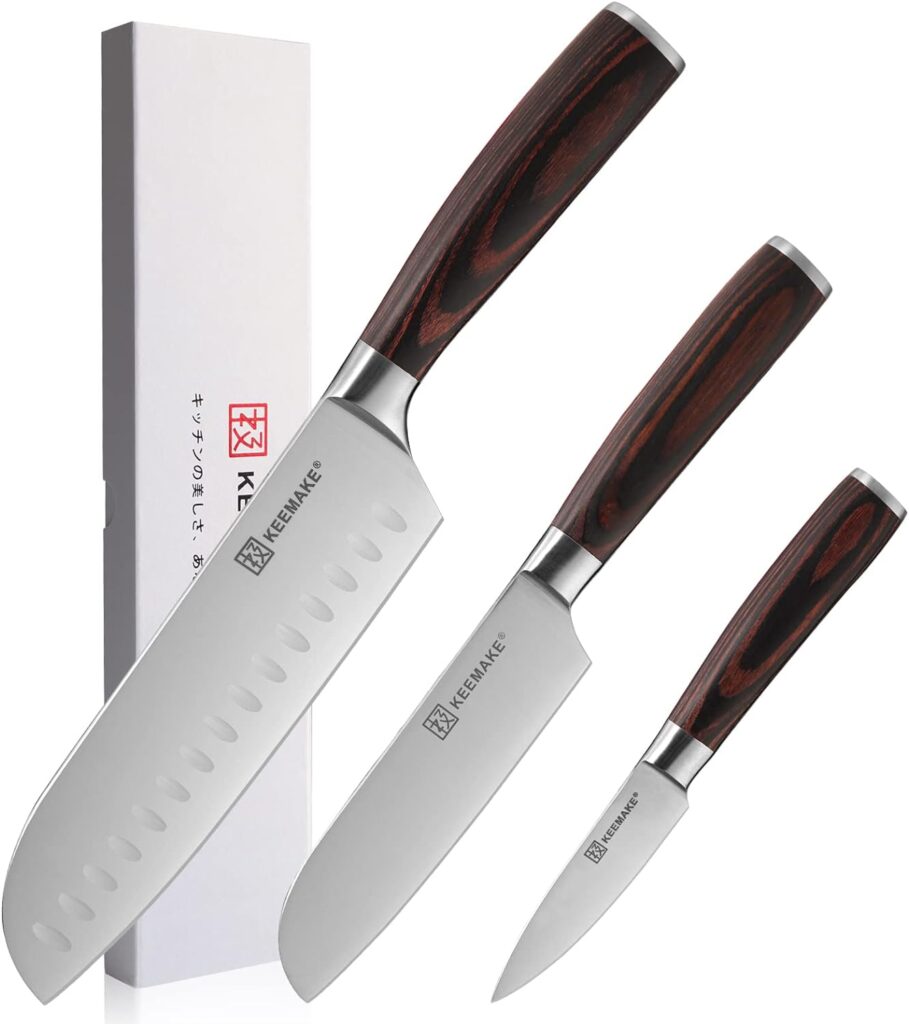 KEEMAKE Santoku Knife Set of 3pcs, Japanese Chef Knife Set with German High Carbon Stainless Steel 1.4116 Kitchen Knives, Knife Set with Pakkawood Handle Knife for Kitchen Cutting Knife