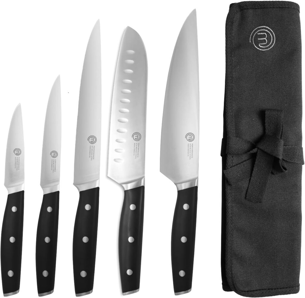 MasterChef Chef Knife Set with Bag, Knife Roll Set with 5 Professional Quality Kitchen Knives for Precision Home Cooking, High Carbon Stainless Steel Blades  Triple Riveted Handles, Perfect Gift