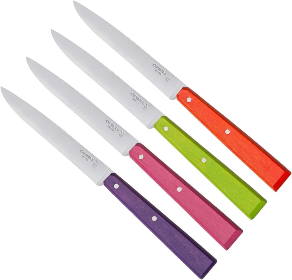 Opinel No. 125 Table Knives, 4 Piece Set, High Carbon Steel Dinner Knives for Parties, Entertaining, or Everyday Use, Painted Hornbeam Handles, Made in France (POP),ys/m,254225