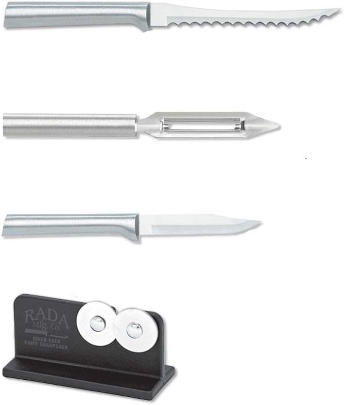 Rada Cutlery Top Seller’s Kit Knives – Includes Paring Knife, Tomato Slicer, Vegetable Peeler With Brushed Aluminum Handles Plus Quick Edge Knife Sharpener