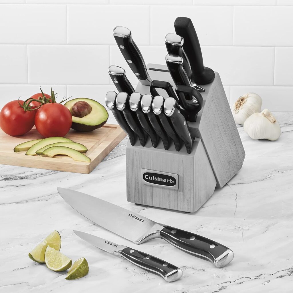 Cuisinart 15-Piece Knife Set with Block, High Carbon Stainless Steel, Forged Triple Rivet, White, C77WTR-15P