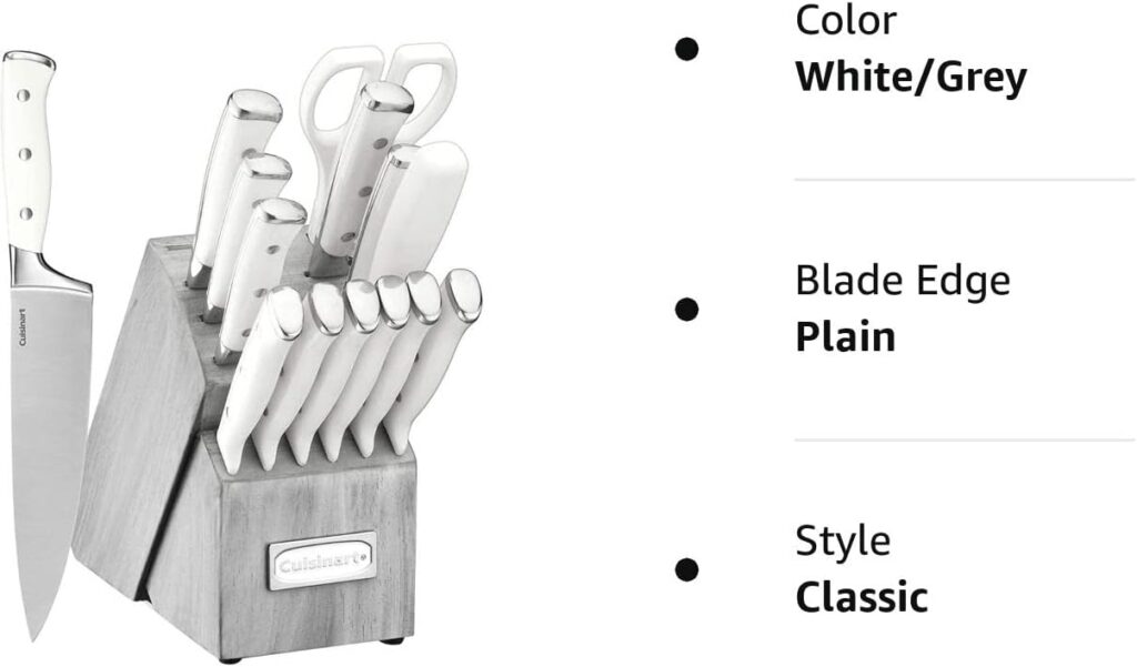 Cuisinart 15-Piece Knife Set with Block, High Carbon Stainless Steel, Forged Triple Rivet, White, C77WTR-15P