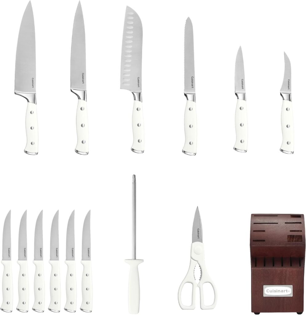 Cuisinart 15-Piece Knife Set with Block, High Carbon Stainless Steel, Forged Triple Rivet, White, C77WTR-15P