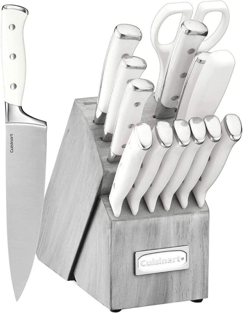 Cuisinart 15-Piece Knife Set with Block, High Carbon Stainless Steel, Forged Triple Rivet, White, C77WTR-15P