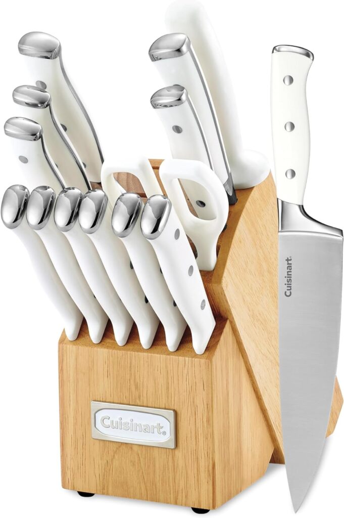 Cuisinart 15-Piece Knife Set with Block, High Carbon Stainless Steel, Forged Triple Rivet, White, C77WTR-15P